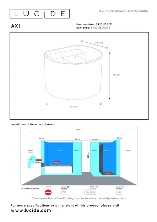 Lucide AXI - Wall spotlight / Wall light Bathroom - LED - 2x3,5W 2700K - IP54 - Adjustable beam angle - White - technical